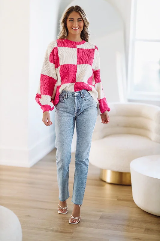 All Checked Out Sweater - Hot Pink and White