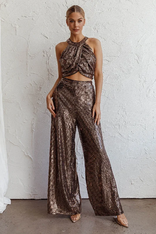 Anything Goes Wide Leg Metallic Pants Gold