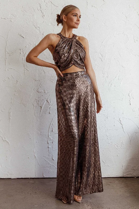 Anything Goes Wide Leg Metallic Pants Gold