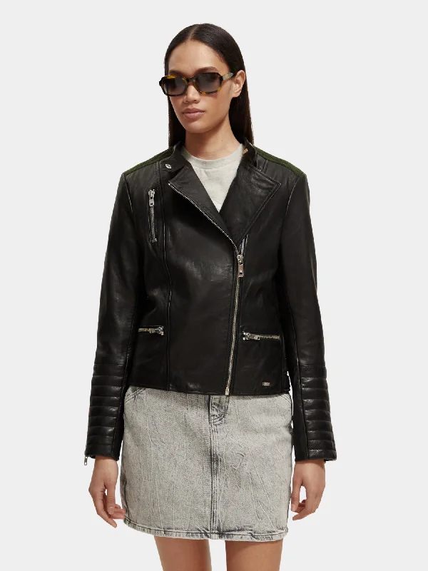 Asymmetric leather biker jacket