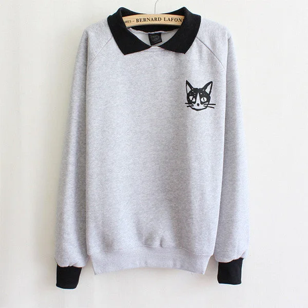 Hot Women Lapel Neck Pullover Sweatshirt Cat Printed Loose Blouse Coat