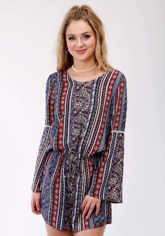 Roper Womens Blue Rayon/Nylon Paisley Stripe L/S Romper