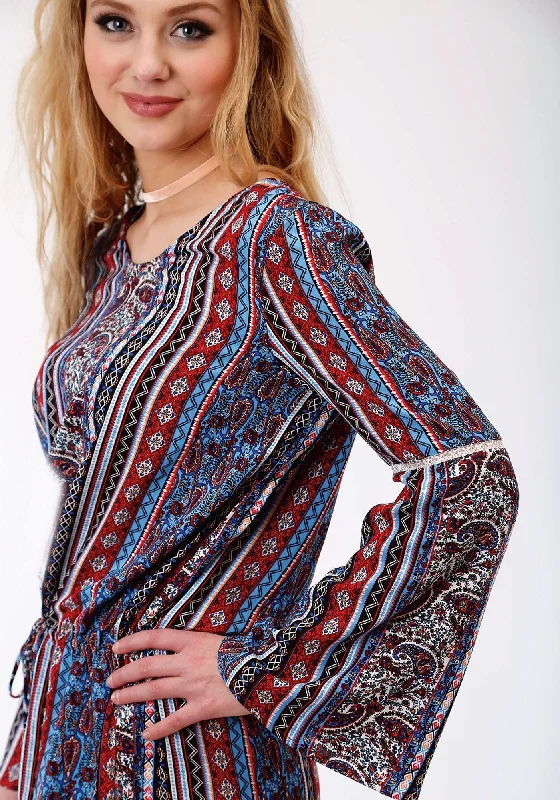 Roper Womens Blue Rayon/Nylon Paisley Stripe L/S Romper