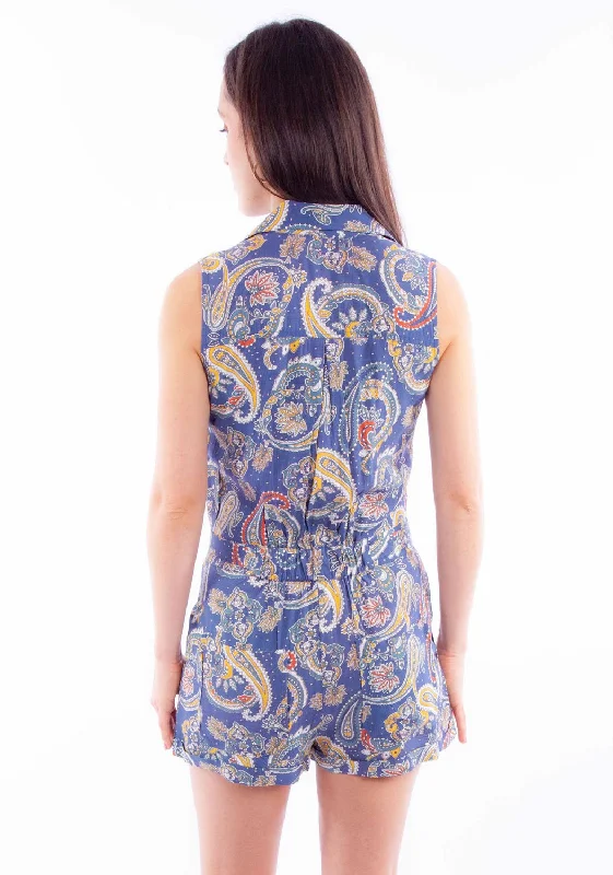 Scully Womens Paisley Print Blue 100% Rayon S/L Romper