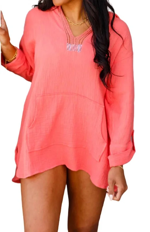 Beach Bonfire Pullover Hoodie In Coral