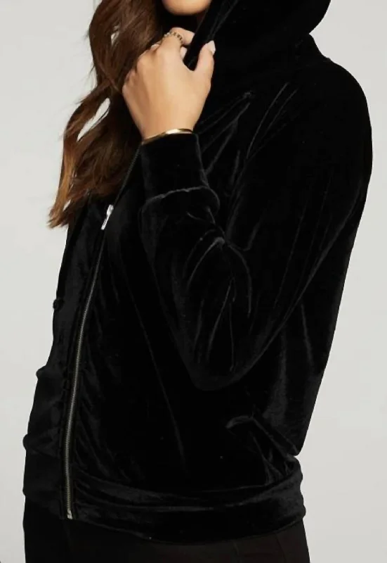 Chaser Velvet Long Sleeve Zip Up Hoodie In True Black