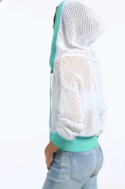 Color Block Henley Crochet Hoodie In Bleach White Multi