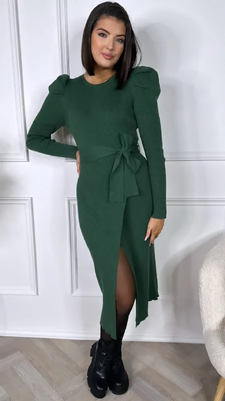 Evie Forest Green Belted Knit Dress