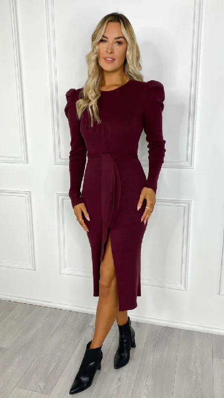 Evie Burgundy Belted Knit Dress