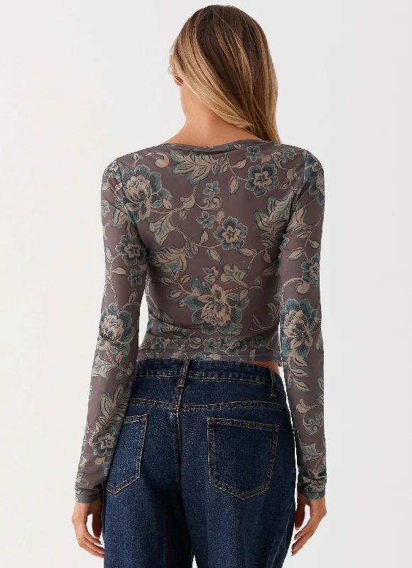 Jess Long Sleeve Mesh Top - Brown Floral