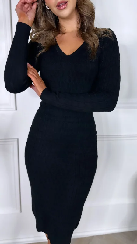 Kerensa Black Cable Knit Midi Dress