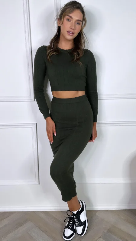 Mullan Khaki Ribbed Midi Skirt & Cropped Jumper Co Ord