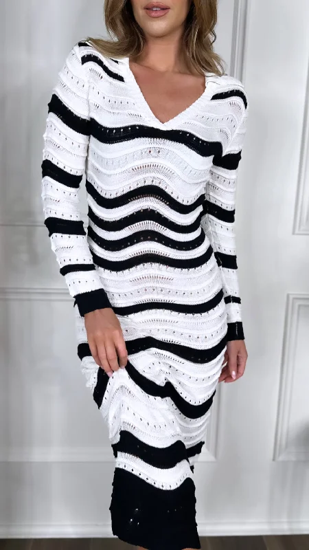 Orlaith White & Black Striped Knit V Neck Midi Dress