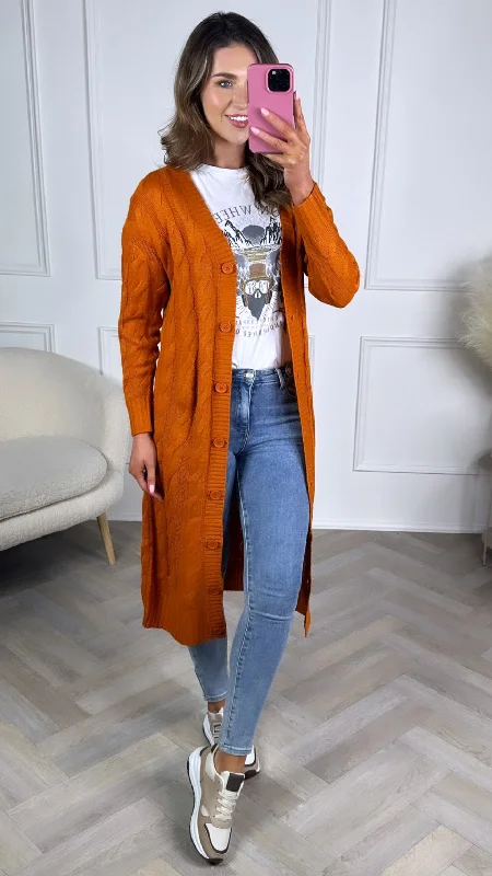 Steffi Orange Cable Knit Midi Length Cardigan