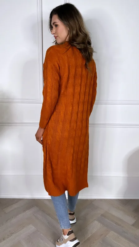 Steffi Orange Cable Knit Midi Length Cardigan