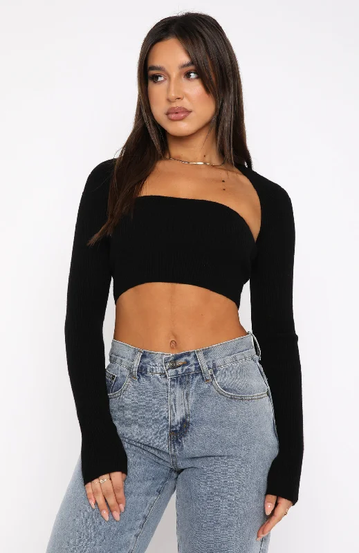 Forgetting You Ribbed Knit Long Sleeve Crop Black