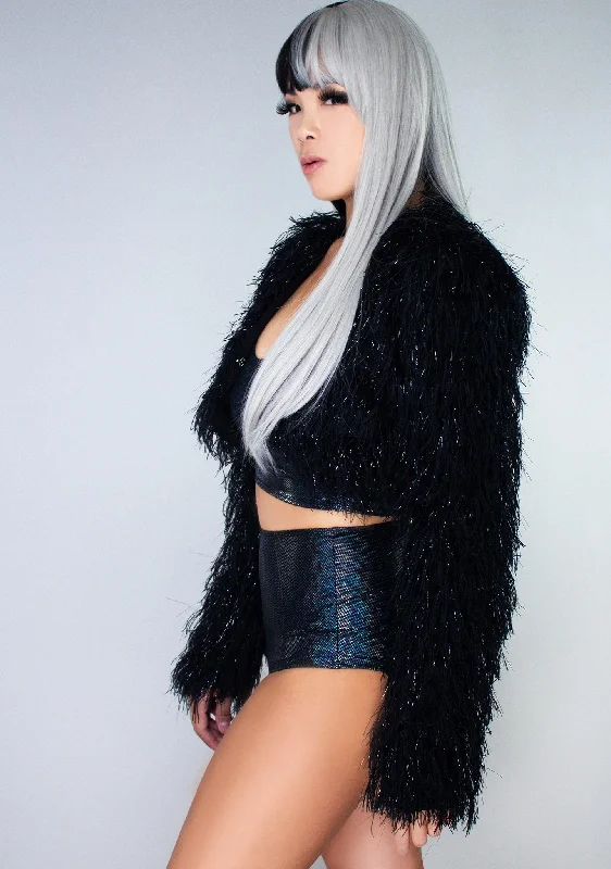 Black Star Sapphire Black Faux Fur Cropped Jacket