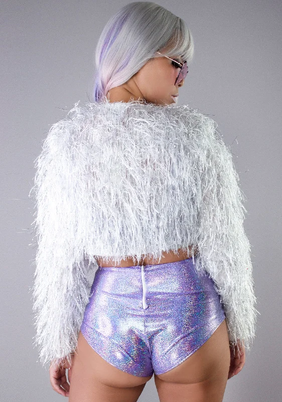 Starlight Shimmer White Faux Fur Cropped Jacket