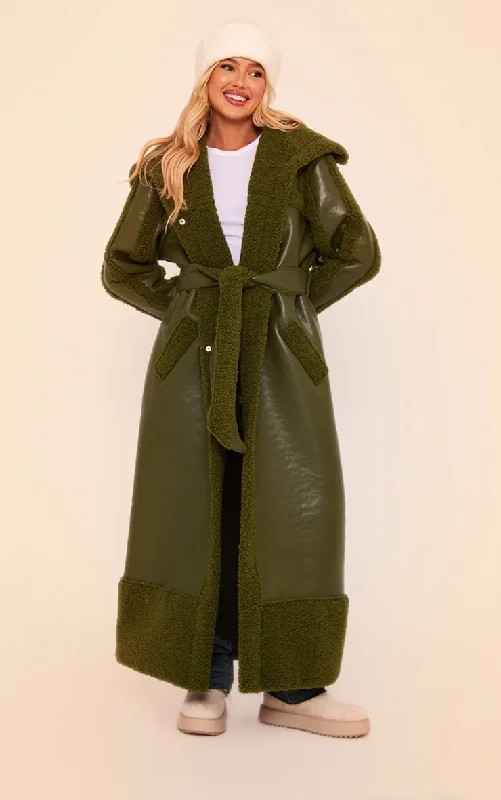 Khaki Faux Leather Oversized Lapel Borg Lined Belted Coat