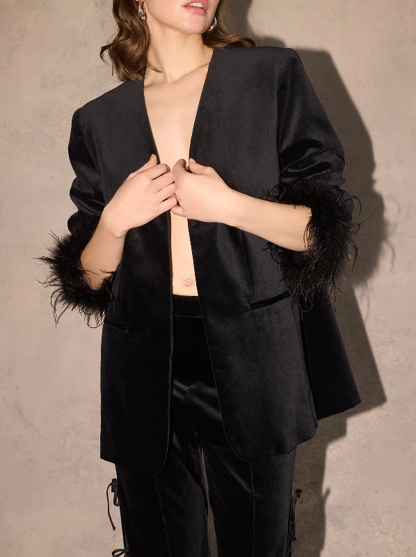 Marlene Black Velvet Feather Blazer