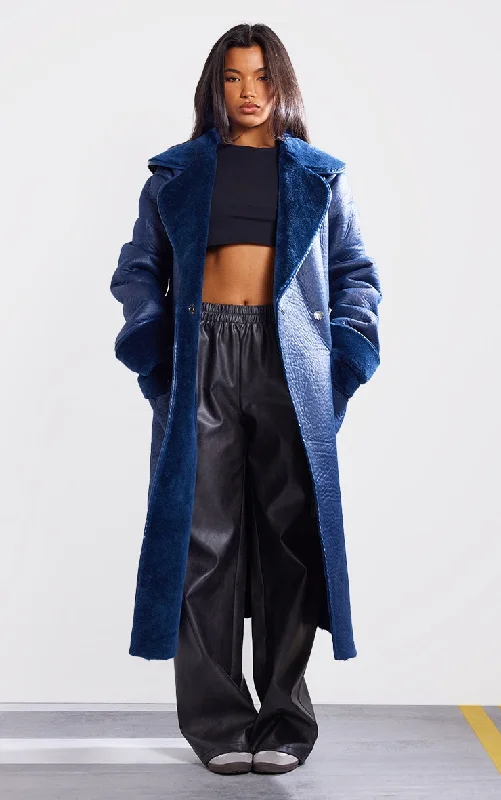 Petrol Blue Bonded PU Maxi Belted Coat