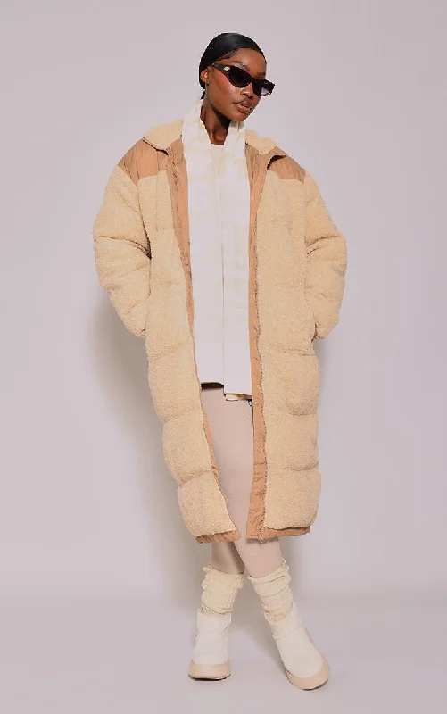 Plus Beige Contrast Borg Maxi Puffer Coat