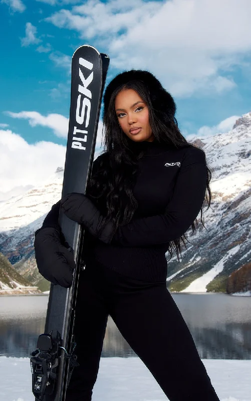 Plus Black Embroidered Zip Up Knit Ski Base Layer Top