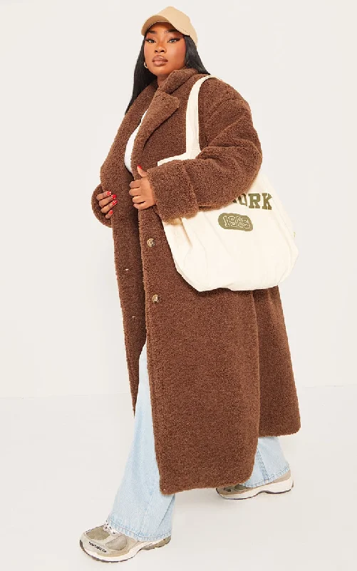 Plus Brown Oversized Teddy Borg Cuff Detail Coat