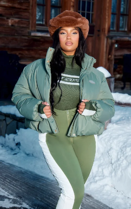 Plus Khaki Puffball Toggle Hem Cropped Puffer Coat