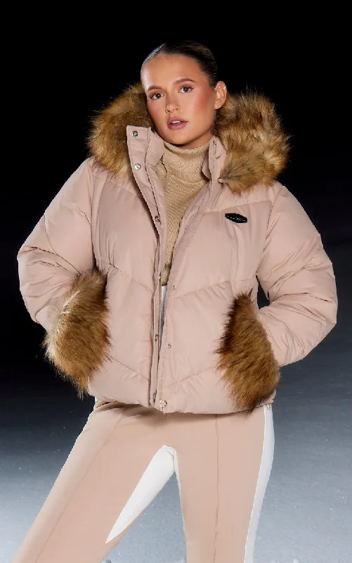 Beige Tipped Faux Fur Trim Quilted Puffer Coat