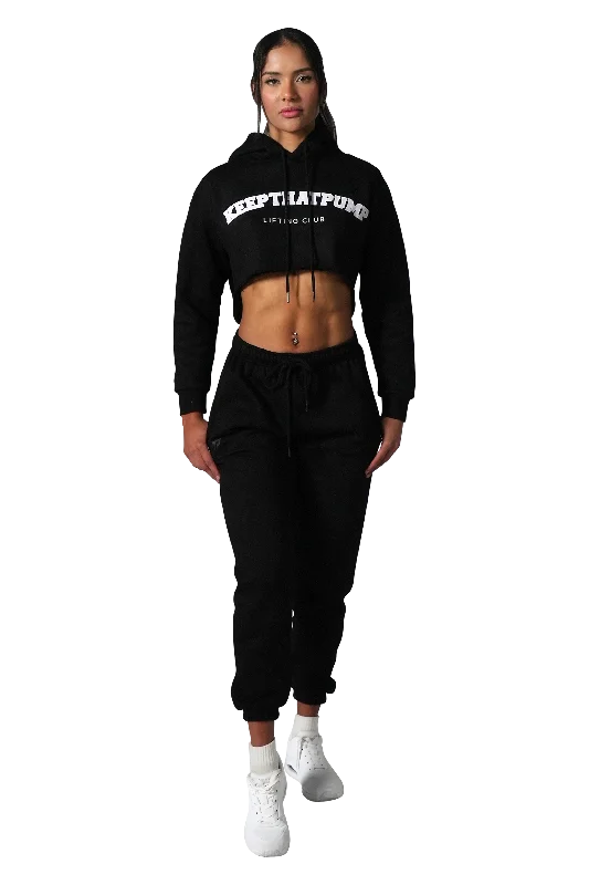 Series 1 Cropped Lifting Club Hoodie - Black with baby pink logo