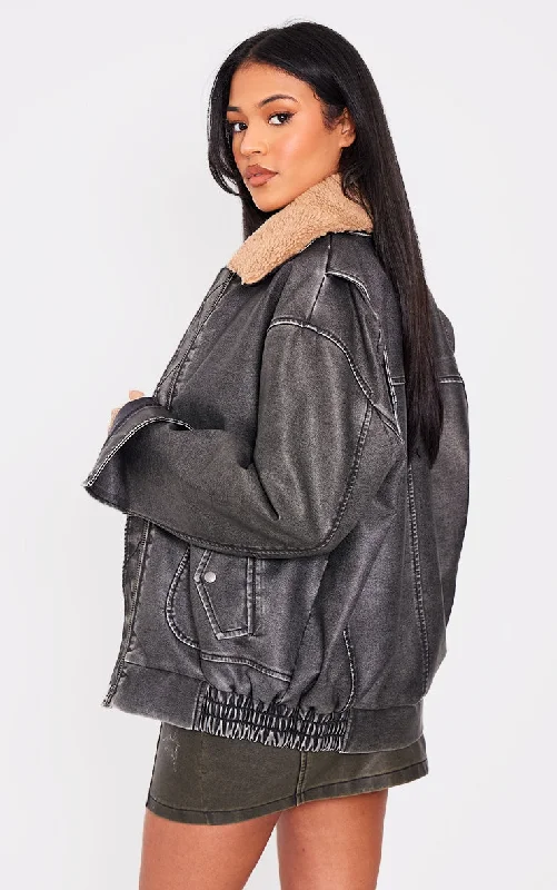 Tall Black Faux Leather Detachable Collar Bomber Jacket