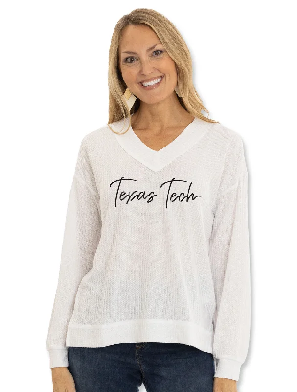 Texas Tech Flocked ""Waverly"" White Waffle Knit Top