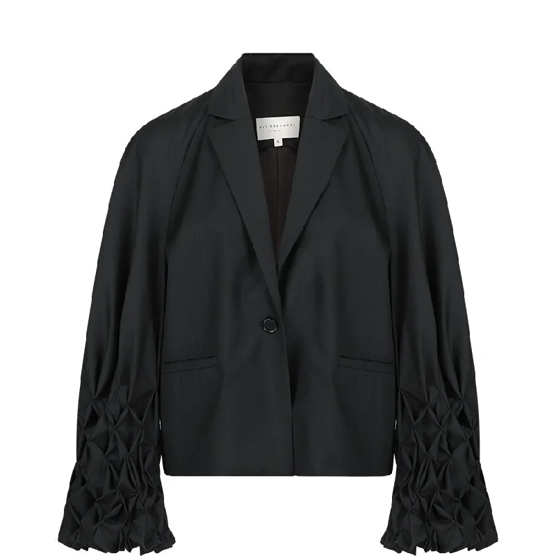 BLACK WOOL BLAZER WITH SMOCK DETAILS