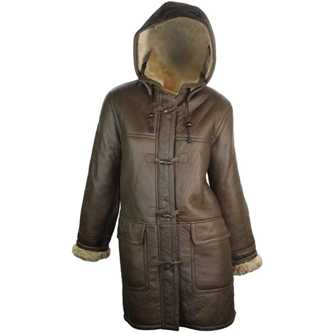 Women's Luxury 100% Winter Sheepskin Leather Duffle Jacket Brown Ginger