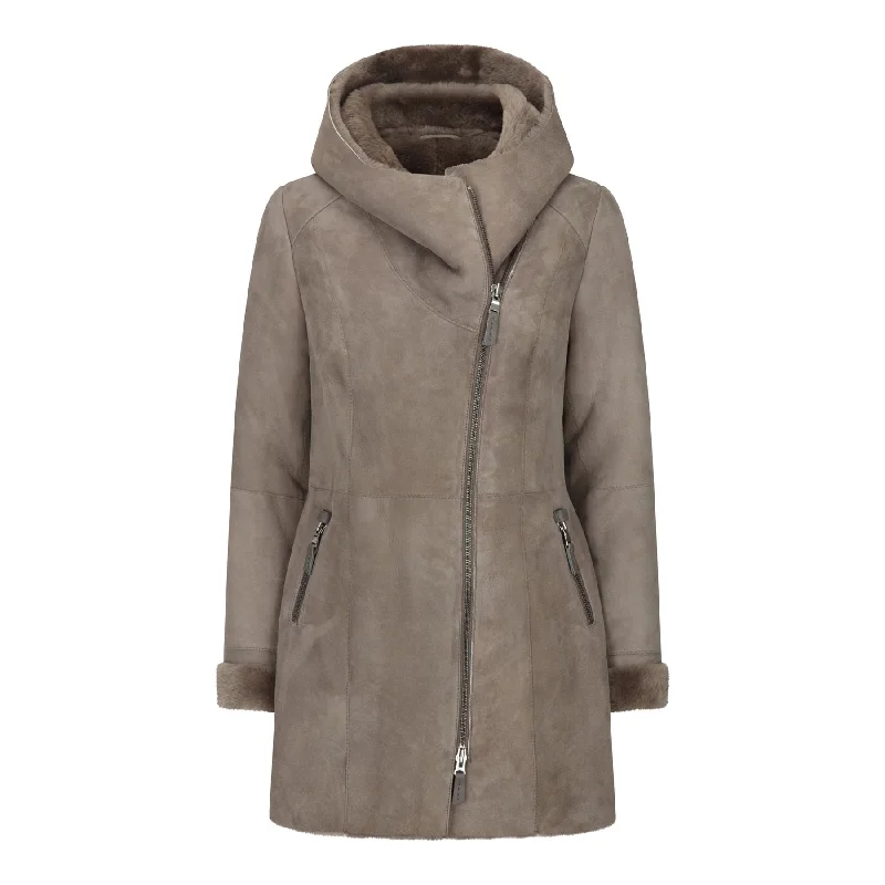 Women's 3/4 Mid Length Sheepskin Beige Toscana Suede Hood Coat