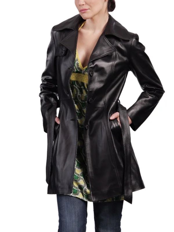 Women's Leather Mid Length Black Trench Coat TC07