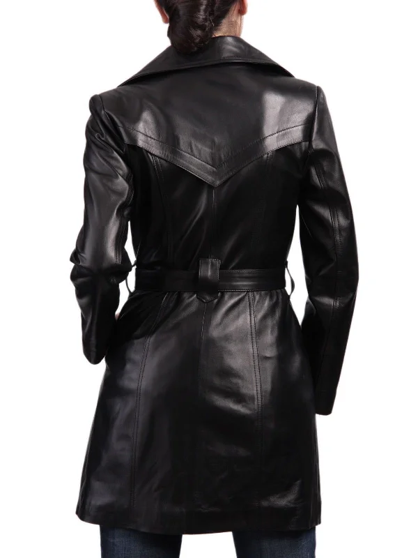 Women's Leather Mid Length Black Trench Coat TC07