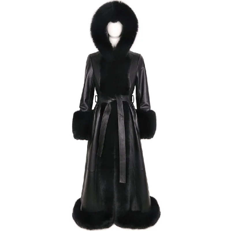 Autumn Fox Fur Collar Hooded Real Leather Trench Coat