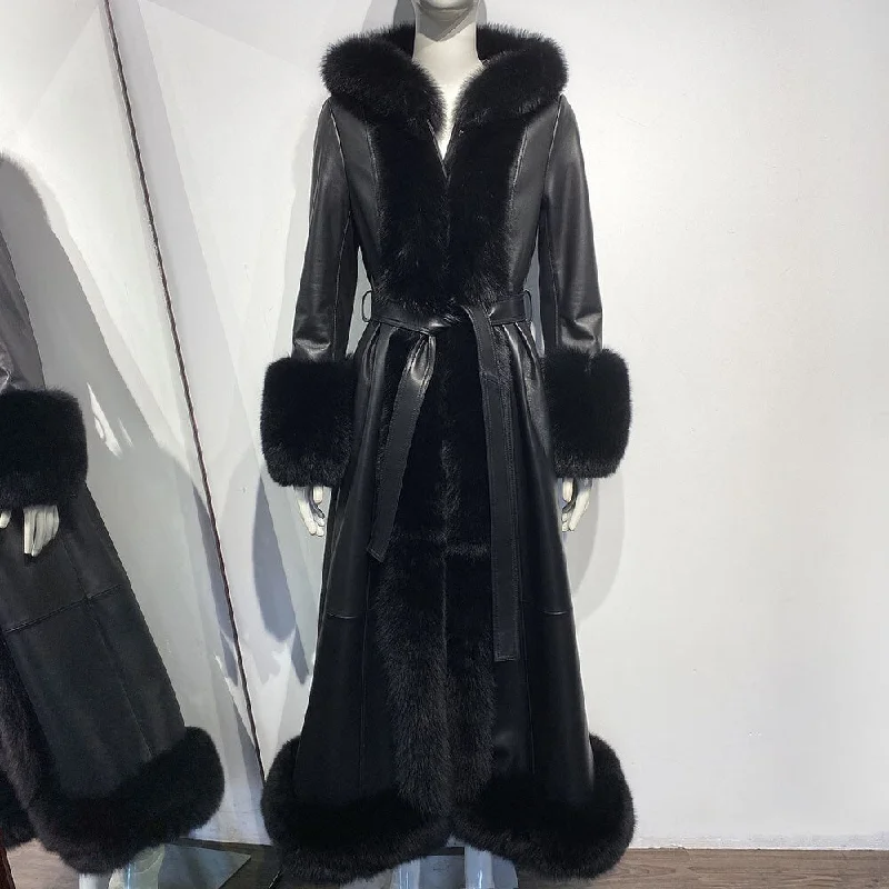 Autumn Fox Fur Collar Hooded Real Leather Trench Coat