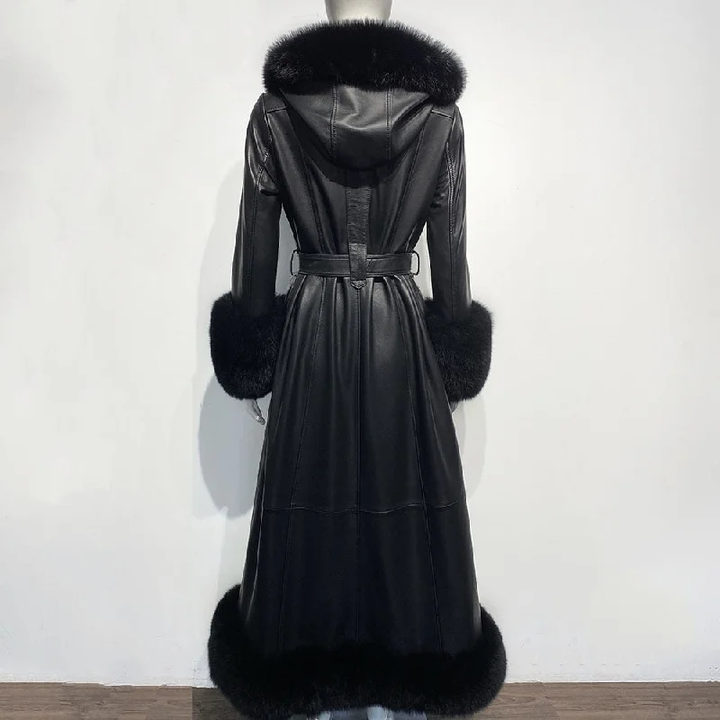 Autumn Fox Fur Collar Hooded Real Leather Trench Coat