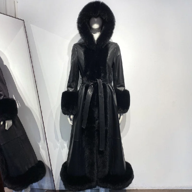 Autumn Fox Fur Collar Hooded Real Leather Trench Coat