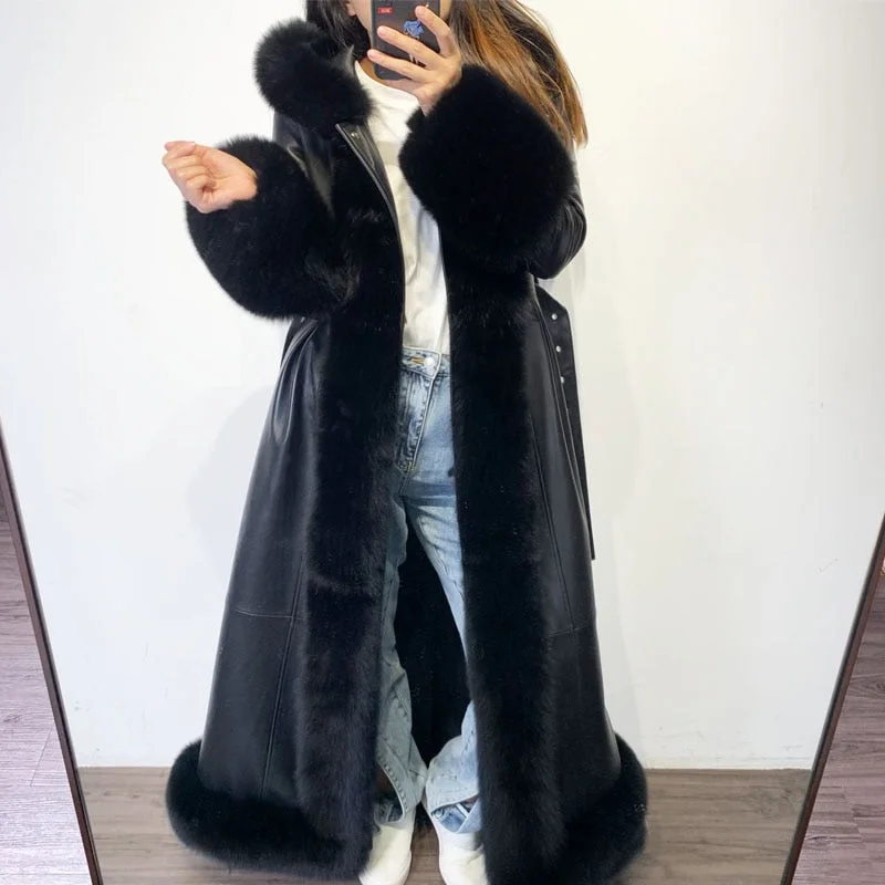 Autumn Fox Fur Collar Hooded Real Leather Trench Coat