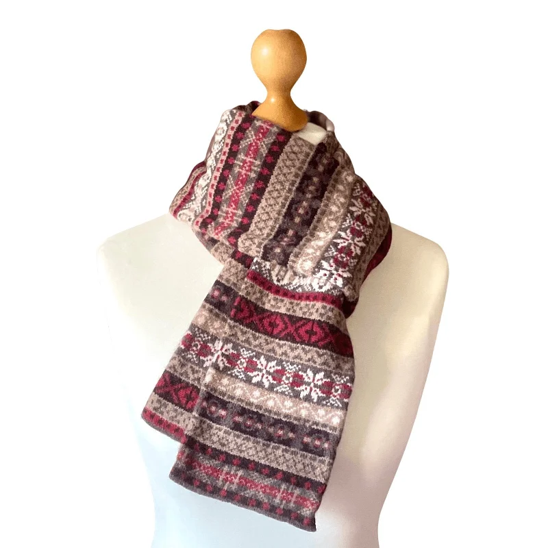 Lambswool Fair Isle Scarf - Red & Taupe