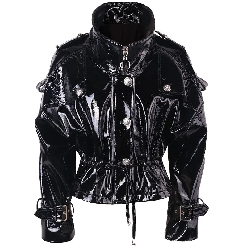 Shiny Patent Black Real Leather Jacket Women Stand Collar