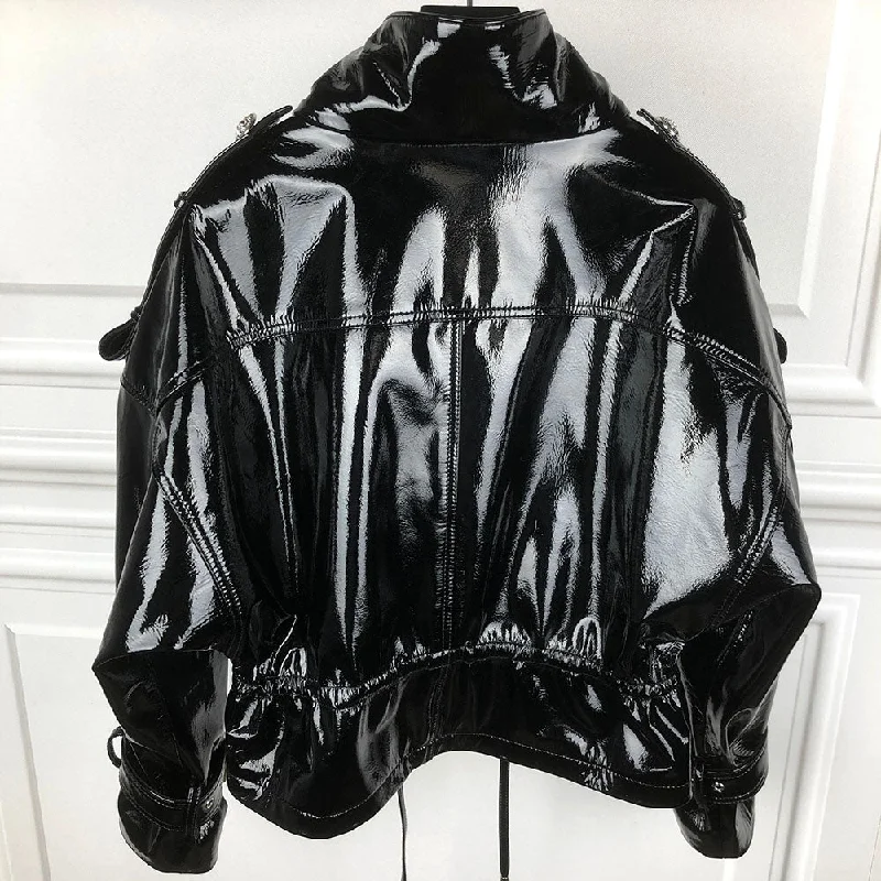 Shiny Patent Black Real Leather Jacket Women Stand Collar