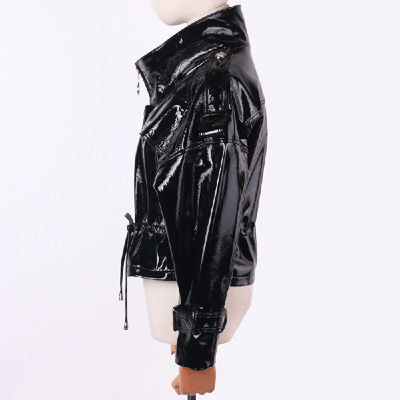 Shiny Patent Black Real Leather Jacket Women Stand Collar