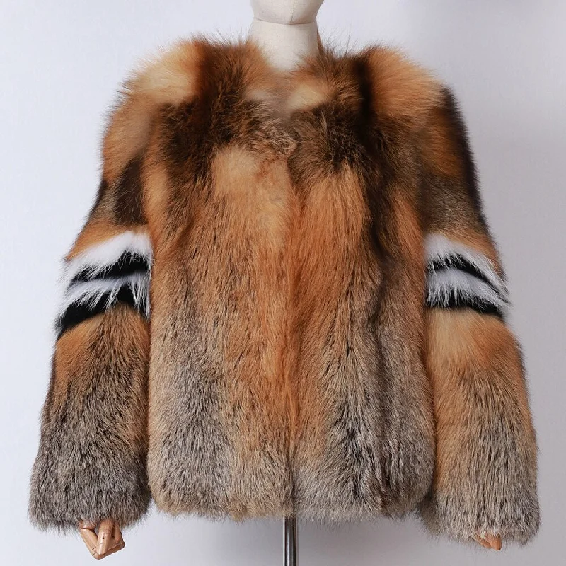 Warm Women Natural Real Red Fox Fur Jacket Coat