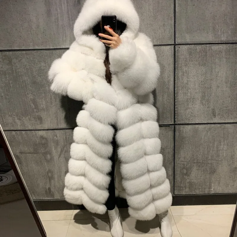 Winter Warm Thick Women Ladies Hooded Real Fox Fur Coat