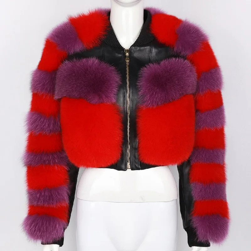 Women Fox Fur Sleeve Black Leather Jackets Coats Jacket